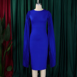 Plus Size Solid Round Neck Pleated Shawl Evening Dress GMLF-3303