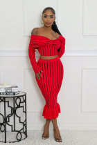 Stripe Print Off Shoulder Two Piece Skirt Set XHXF-8711