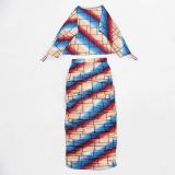 Printed Drawstring Shoulder Long Sleeve Skirt Two Piece Set NY-10910