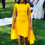 Plus Size Solid Round Neck Pleated Shawl Evening Dress GMLF-3303