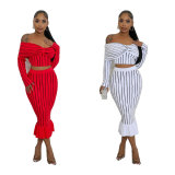 Stripe Print Off Shoulder Two Piece Skirt Set XHXF-8711
