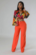 Fashion Print Long Sleeve Tie Up Tops XHXF-8708
