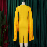 Plus Size Solid Round Neck Pleated Shawl Evening Dress GMLF-3303