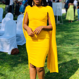 Plus Size Solid Round Neck Pleated Shawl Evening Dress GMLF-3303