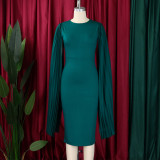 Plus Size Solid Round Neck Pleated Shawl Evening Dress GMLF-3303