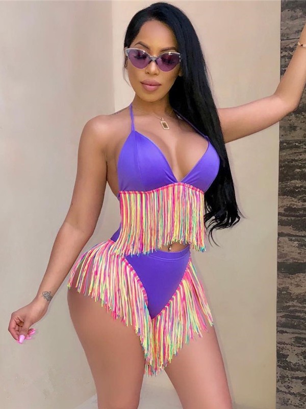 Solid Color Sexy Tie Bikini Tassel 2 Piece Swimsuit SMD-2502
