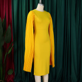 Plus Size Solid Round Neck Pleated Shawl Evening Dress GMLF-3303