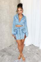 Fashion Long Sleeve Denim Two Piece Skirt Set LX-6032
