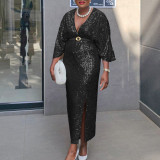Plus Size V Neck Sequin Long Dress GATE-540
