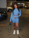 Solid Color Long Sleeve Skinny Two Piece Shorts Set SMD-2503