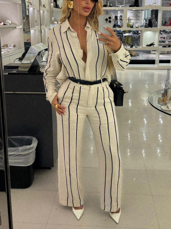 Stripe Long Sleeve Shirt And Pants 2 Piece Suit AIL-289