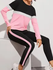 Contrast Color Patchwork Sport Two Piece Pants Set LUO-6607