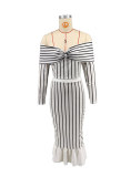 Stripe Print Off Shoulder Two Piece Skirt Set XHXF-8711