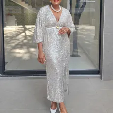 Plus Size V Neck Sequin Long Dress GATE-540