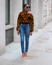 Leopard Print Slash Shoulder Tie Sweatshirt SMD-2501