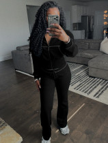 Solid Color Long Sleeve Zipper Two Piece Pants Set CH-24065