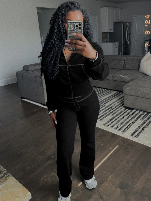 Solid Color Long Sleeve Zipper Two Piece Pants Set CH-24065