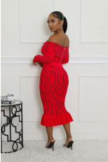 Stripe Print Off Shoulder Two Piece Skirt Set XHXF-8711