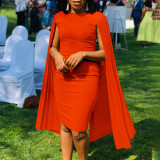 Plus Size Solid Round Neck Pleated Shawl Evening Dress GMLF-3303