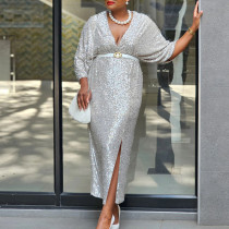 Plus Size V Neck Sequin Long Dress GATE-540