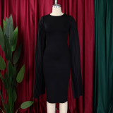 Plus Size Solid Round Neck Pleated Shawl Evening Dress GMLF-3303