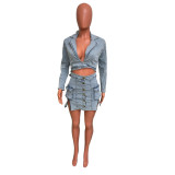 Fashion Long Sleeve Denim Two Piece Skirt Set LX-6032