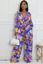Fashion Print Long Sleeve Tie Up Loose Jumpsuit XHXF-8709