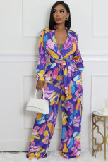 Fashion Print Long Sleeve Tie Up Loose Jumpsuit XHXF-8709