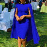 Plus Size Solid Round Neck Pleated Shawl Evening Dress GMLF-3303