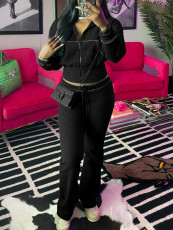 Solid Color Long Sleeve Zipper Two Piece Pants Set CH-24065