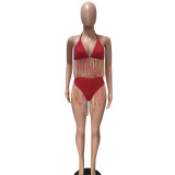 Solid Color Sexy Tie Bikini Tassel 2 Piece Swimsuit SMD-2502