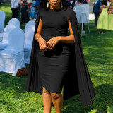 Plus Size Solid Round Neck Pleated Shawl Evening Dress GMLF-3303