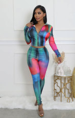 Fashion Print Long Sleeve Zipper Pants Suit XHXF-8710