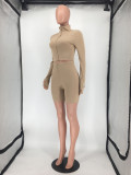 Solid Color Long Sleeve Skinny Two Piece Shorts Set SMD-2503