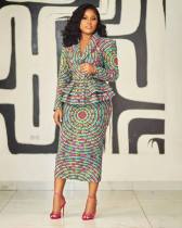 Long Sleeve Print Blazer Two Piece Skirt Set NY-10907