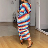 Printed Drawstring Shoulder Long Sleeve Skirt Two Piece Set NY-10910