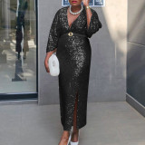 Plus Size V Neck Sequin Long Dress GATE-540