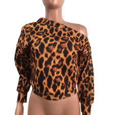 Leopard Print Slash Shoulder Tie Sweatshirt SMD-2501