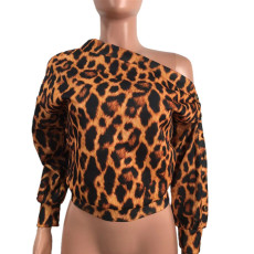 Leopard Print Slash Shoulder Tie Sweatshirt SMD-2501