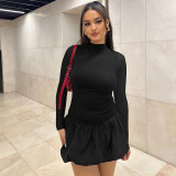 Long Sleeve Solid Color Ruffles Mini Dress BLG-D4917510A