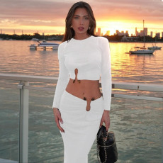 Solid Long Sleeve Crop Top And Long Skirt Suit BLG-S4917524K