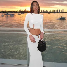 Solid Long Sleeve Crop Top And Long Skirt Suit BLG-S4917524K