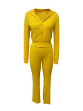 Rib Zipper Hooded Flare Pants Two Piece Set LSD-2277