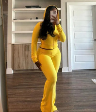 Rib Zipper Hooded Flare Pants Two Piece Set LSD-2277