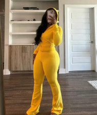 Rib Zipper Hooded Flare Pants Two Piece Set LSD-2277