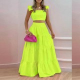 Plus Size Solid Color Tops Big Swing Skirt Two Piece Set GRST-8114