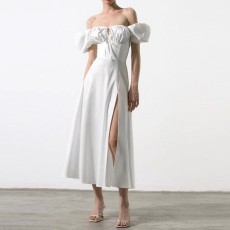 Bubble Sleeve Solid Color Tie Split Midi Dress GRST-8141