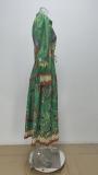 Plus Size Vintage Printed Lantern Sleeve Tie Up Maxi Dress GRST-25110