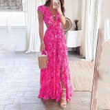 Plus Size Wrap Chest Print V Neck Split Maxi Dress GRST-24317