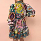 Plus Size Print Ruffles Long Sleeve Mini Dress GRST-25278